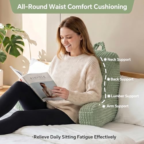 Back Pillow with Arms for Bed,Compact Backrest for Teens,Green Flannel,M - Image 2