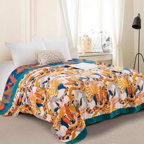 100% Muslin Cotton Throw Blanket for Bed Couch Chair, Boho Floral Bird Colorful Retro Quilt Ultra Soft Reversible Gauze Blanket for All Season, 60"x80" by Purefair