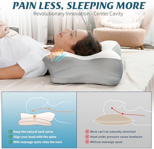 Cervical Neck Pillow for Pain Relief, Ergonomic Side Sleeper Pillow for Sleeping, Contour Orthopedic Memory Foam Pillows for Back & Stomach Sleepers with Pillowcase (Light Grey) - Image 6