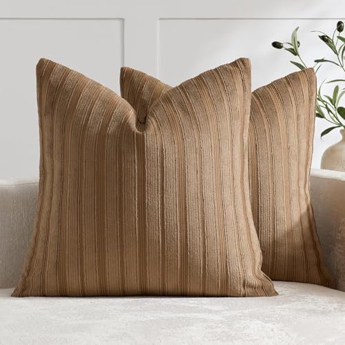DEZENE 20x20 Brown Throw Pillow Covers Pack of 2 Soft Striped Corduroy Square Rustic Farmhouse Pillow Cases for Couch Sofa Bedroom Living Room Home Decor by DEZENE