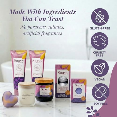 Saavy Naturals 9-Piece Spa Gift Set – Body Wash, Scrub & More – Plant-based Ingredients, Luxurious Spa Gift Basket for Women & Men –Mothers Day Gifts (Lavender Chamomile Gift Set) - Image 5