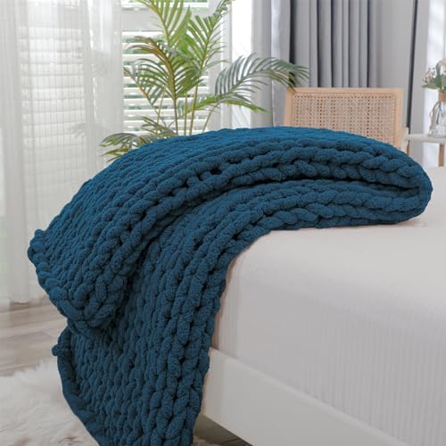 Bigacogo Chunky Knit Throw Blanket for Couch, 40x60 inches, Deep Sea Blue by Bigacogo