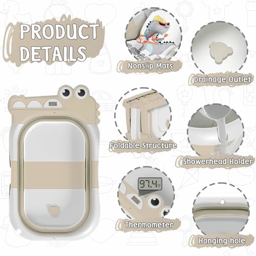 MoreFeel Collapsible Baby Bathtub for Newborn with Thermometer & 1 Hooded Towel & 1 Soft Floating Cushion,Portable Travel Bathtub with Drain Hole, Durable Foldable Baby Tubs for Infants to Toddler - Image 2
