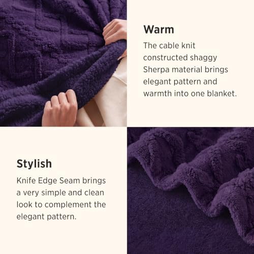 Bedsure Sherpa Fleece Blanket, Cable Jacquard Tufted, Warm, Purple, Twin - Image 3