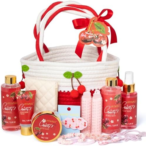 Spa Gifts for Women, Cherry & Berry Spa Gift Set for Teenage Tote Bag, Shower Gel, Hand & Body Lotion, Hitrees Birthday for Best Friend Woman, Mom, Mothers Day,Christmas Gift for Women by HITREES