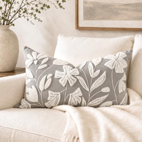 BlissBlush Lumbar Pillow Cover 12x20 Inch, Light Gray Floral Tufted Velvet Decorative Accent Pillow Case for Sofa Bed Living Room, Cover Only by BlissBlush