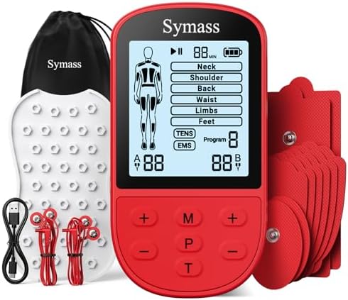 TENS Unit Muscle Stimulator, Transcutaneous Electronic Nerve Stimulator for Pain Relief Therapy, EMS Muscle Stimulator with 10 Electrode Pads for Back, Neck, and Shoulder Pain by Symass