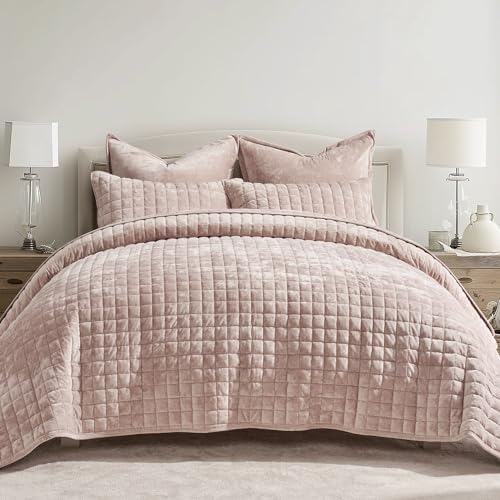 RECYCO Channel Box Stitch Velvet Quilt Set, King Size, Rose Pink by RECYCOHOMECOLLECTION