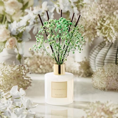 COCORRÍNA Reed Diffuser - White Jasmine 6.7 Fl.oz Reed Diffuser Set with Sticks & Preserved Baby's Breath, Reed Diffuser for Home Bathroom Shelf Decor - Image 4