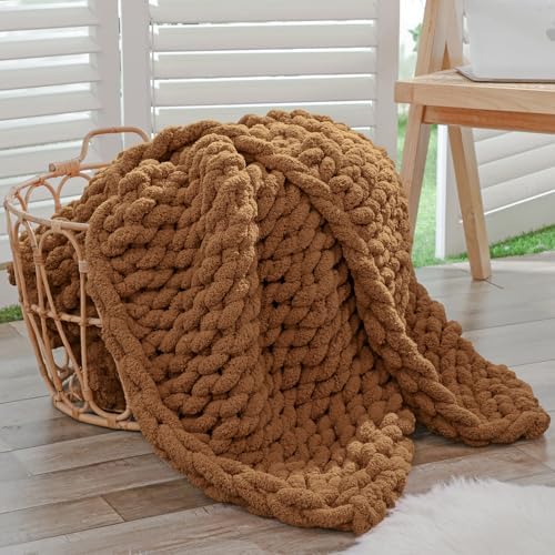 Bigacogo Chunky Knit Throw Blanket for Couch, 40x60 inches, Caramel by Bigacogo