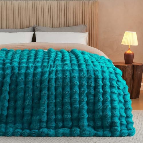 Lotus Karen Faux Fur Throw Blanket Teal - Big Bubble Rabbit Fluff Blanket for Couch Bed Sofa,Softest Fluffy Fuzzy Cozy Blanket,Thick Furry Plush Shaggy Warm Blankets for Women,60x80 Inches - Image 4