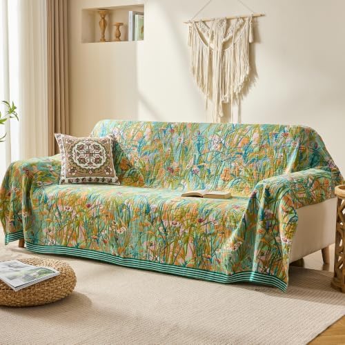 VANJOROY Boho Throw Blanket, 100% Organic Cotton Breathable Skin-Friendly Ultra Soft 50" x 60" Bed Quilt Green Leaf Throw - Floral Luxury Reversible Blanket for Sofa Couch Chair and Gift, - Image 7