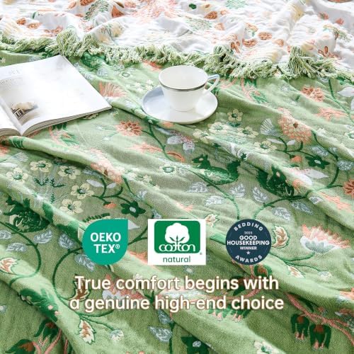 VANJOROY Boho Throw Blanket, 100% Organic Cotton Breathable Skin-Friendly Ultra Soft 50" x 60" Bed Quilt Green Throw - Floral Rustic Decor Luxury Reversible Blanket for Sofa Couch Chair and Gift, - Image 6