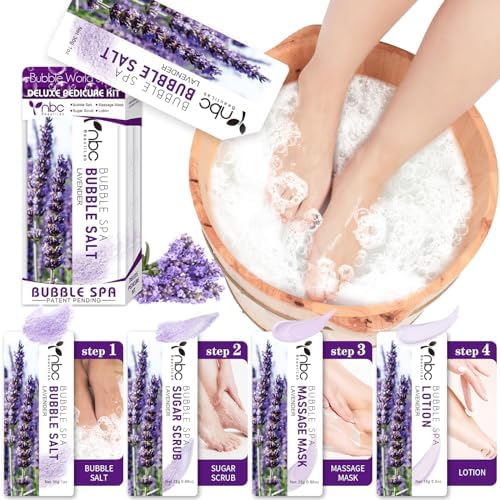 Pedicure Kit Foot Soak Set: Bubble Salt, Sugar Scrub, Massage Mask, Massage Lotion in a Box, 4 Step Foot Spa Kit for Dry Feet,Tired Feet（1 Set Lavender) by nbcBeautiLab
