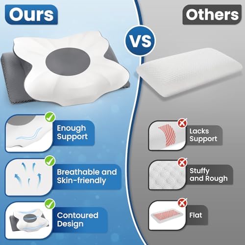 Memory Foam Bed Pillow – Contour Support Pillow for Side & Back Sleepers, Soft Ergonomic Design, Cooling Breathable Cover, Removable Washable Case, King Size, Grey - Image 5