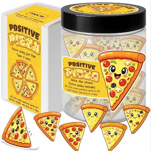 KATINAT Positive Pizza Jar – 60 Funny Affirmation Cards, Emotional Support Pizza for Friends, Teens, Coworkers, Funny Foodie Gifts for Stress Relief, White Elephant Gifts, Desk Decor by KATINAT