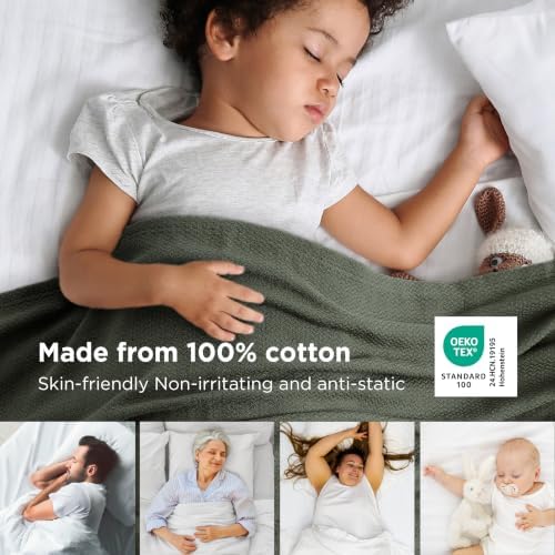 Bedsure 100% Cotton Blanket, Herringbone Weave, Queen Size, Green - Image 2