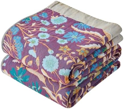 VANJOROY Boho Throw Blanket, 100% Organic Cotton Breathable Skin-Friendly Ultra Soft 50" x 60" Bed Quilt Blue Throw - Floral Rustic Luxury Reversible Blanket for Sofa Couch Chair and Gift, by CHOOSEVANJOROYENJOYAMORECOMFORTABLEFEELING