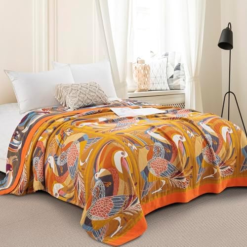 100% Muslin Cotton Throw Blanket for Couch Bed Adults Kids, Oriole Bird Printed Boho Quilt 4 Layers Ultra Soft Lightweight Reversible Gauze Blanket for All Season (Multi,60"x80") by Purefair