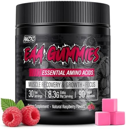 EAA Gummies - 2:1:1 BCAA Formula (8300mg) - Essential Amino Acids for Muscle Recovery & Endurance - Non-GMO, Gluten Free, Sugar Free, Vegetarian, Raspberry Flavor - 90 Count by AmzxoCreatine