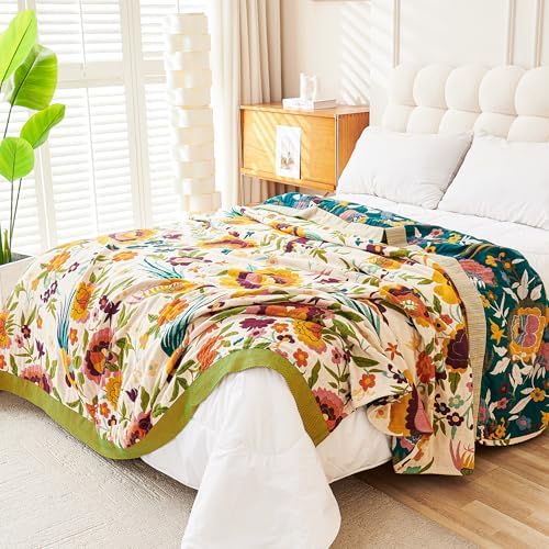 VANJOROY Boho Throw Blanket, 100% Organic Cotton Breathable Ultra Soft 80" x 90" Bed Quilt Throw - All Season Floral Rustic Farmhouse Decor Luxury Reversible Blanket for Sofa Couch Chair and Gift - Image 6