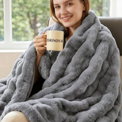 ORINOVA Grey Throw Blanket for Couch Soft Fuzzy Faux Fur Bubble Fluffy Plush Blankets for Women Sofa Accent Warm Cozy 50x60 Blanket for Living Room Bedroom Home Decor by ORINOVA