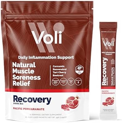 Voli Muscle Recovery Post Workout Drink Mix Packets | + Superfoods Curcumin, Tart Cherry, Ginger & Glutathione | Leg Cramp & Inflammation Support | No Added Sugar, 15 Count, Pacific Pomegranate by VoliWellness