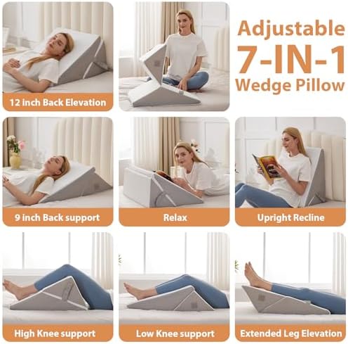 BIEEZZK Wedge Pillow, Adjustable Back Pillow for Sleeping, 9&12“ Bed Wedge Pillow Set for After Surgery, Triangle Memory Foam Pillow Wedges for Headboard, Acid Reflux, Snoring, GERD, White/Grey - Image 2