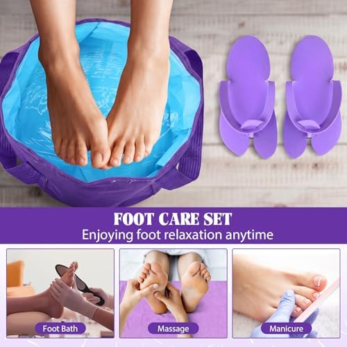 FillTouch 6 Sets Foldable Foot Bath Kit 15L Collapsible Foot Soaking Tub Bathroom Towels Women Adult Foldable Slippers with Storage Bag Spa Soak Pedicure Bath for Travel Camping (Purple) - Image 5