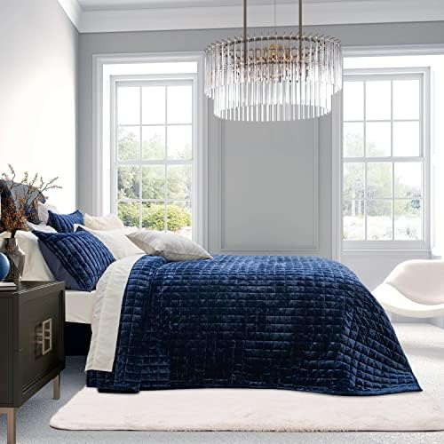 RECYCO Channel Box Stitch Velvet Quilt Set, Twin/Twin XL Size, Navy Blue - Image 3