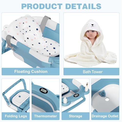 MoreFeel Collapsible Baby Bathtub for Newborn with Thermometer & 1 Hooded Towel & 1 Soft Floating Cushion,Portable Travel Bathtub with Drain Hole, Durable Foldable Baby Tubs for Infants to Toddler - Image 6