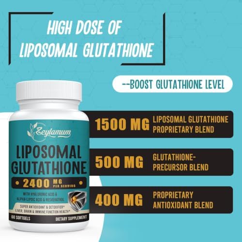 Zeylamum 2400 MG Liposomal Glutathione Softgels, Max Absorption, Active Form L-Glutathione Reduced (GSH), with Hyaluronic Acid, Resveratrol, Master Antioxidants , Brain, Immune System, 600 Softgels - Image 3