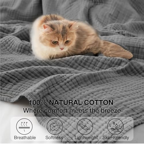 100% Cotton Muslin Blanket Large 50" x 70", Breathable and Lightweight Cotton Throw Blanket for Bed and Couch, Soft Cooling Summer Gauze Blanket for Adults All Season, Dark Grey - Image 5