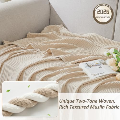 EMME Cotton Muslin King Blanket Breathable Gauze Soft Lightweight Blankets Adults Gifts for Women (Heather Beige, 108"x90") - Image 2