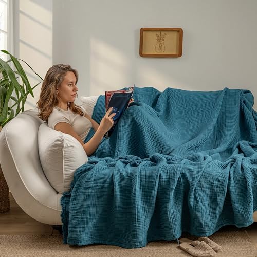 Muslin Blanket - Pure 100% Turkish Cotton Airy Soft Light Versatile Gauze Throw Blanket for Bed, Couch, Sofa (Petrol Blue, Throw Size (50" x 66" inch)) - Image 3