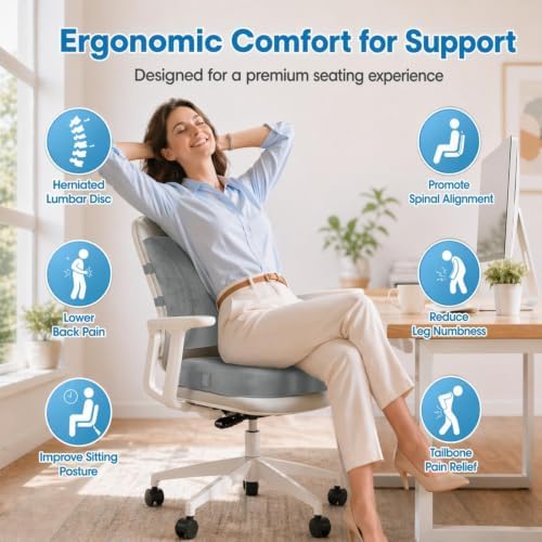 CloudBliss Ergonomic Seat Cushion & Lumbar Support Pillow Set, Light Grey - Image 2