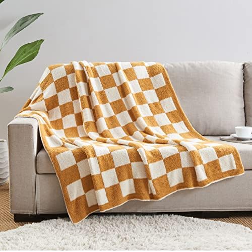 CozeCube Orange White Reversible Checkered Knit Throw Blanket 60"x80" - Image 5
