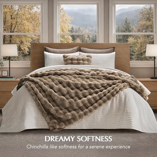 EverGrace Faux Rabbit Fur Bubble Throw Blanket, 60"x80", Greige - Image 6