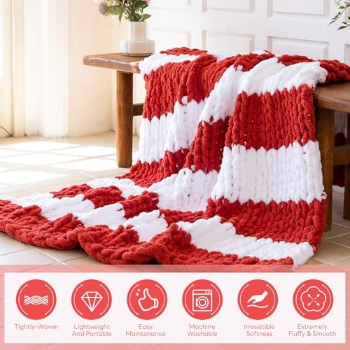 Chunky Knit Throw Blanket for Couch，50x60 Inches White red - Image 2