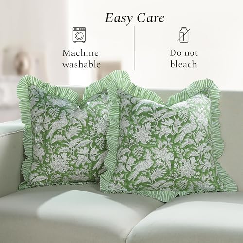 CPC Olive Green 100% Cotton Block Print Ruffle Pillow Cover 16X16 inch, Handmade Boho Floral Pillowcase, Farmhouse Cottagecore Bedding, Soft Decorative Cushion Cover for Bedroom Décor - Image 5