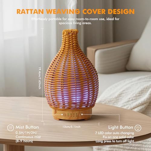 Essential Oil Diffuser Diffuser -Aromatherapy Diffuser for Essential Oils with Timer and 7 Colors LED Light Ultrasonic Diffuser with Auto Shut-Off, Home Office Decor&Gift（Handwoven） - Image 5