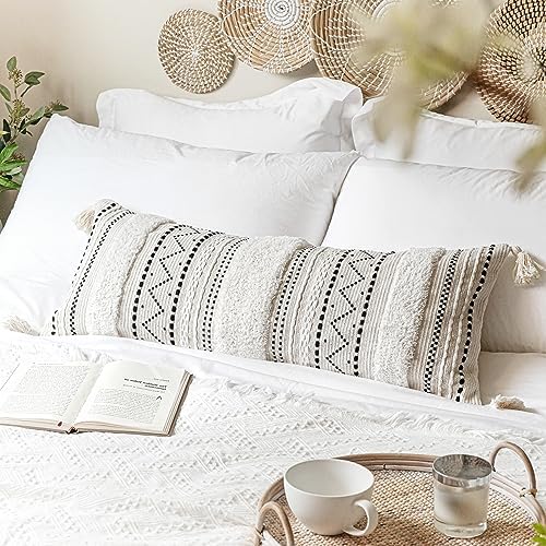 BlissBlush 14x36 Lumbar Pillow Cover for Bed, Rectangular Long Decorative Throw Pillowcase, Boho Accent Cushion with Black Tufted Pattern and Tassels, Cream Neutral (Cover Only) - Image 4