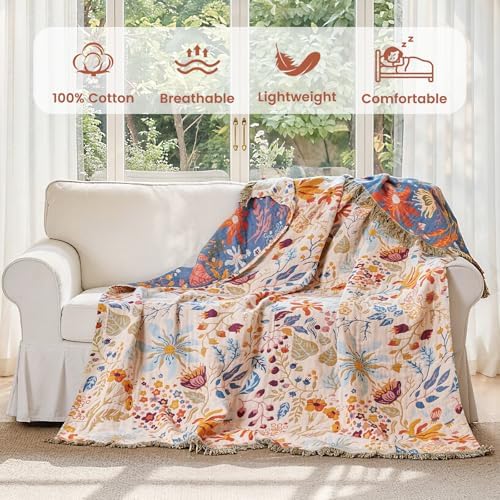 MSGKV Boho Throw Blanket 60"x80" Twin 100% Cotton Floral Blanket for Bed - Image 2
