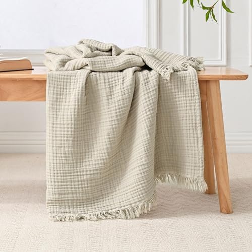 Esterra Muslin Throw Blanket 50x65 Inches Cozy Soft Lightweight Pre-Washed Cotton Blanket, All Season Breathable 4-Layer Gauze Blanket Throw for Sofa Couch Bed, Oatmeal by Esterra