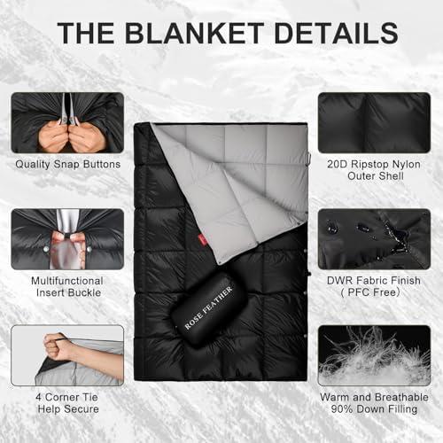 Down Camping Blanket - Lightweight, Packable, Warm & Puffy Outdoor Travel Quilt for Sleep, Hiking, Backpacking, Stadium, Festivals, Water-Resistant Sleeping Bag 55"x79" - Image 3
