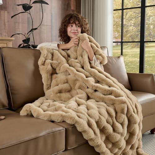 Lotus Karen Faux Fur Throw Blanket Khaki - Big Bubble Rabbit Fluff Blanket for Couch, Small Fluffy Fuzzy Cozy Blanket, Thick Furry Plush Shaggy Blankets, 50x60 Inches - Image 4