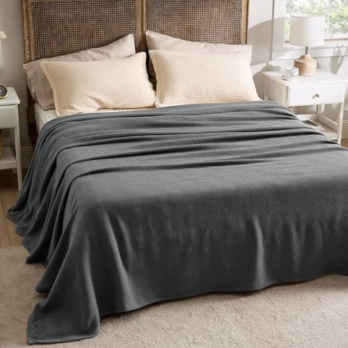 Bedsure 100% Cotton Blanket, Herringbone Weave, King, Dark Grey - Image 5