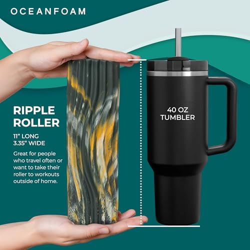 Oceanfoam Ripple Travel Foam Roller (11" x 3.35") Firm Mini Foam Roller for Physical Therapy, Deep Tissue Massage, Back Pain - High Density, Wave Textured - Yoga (Hunter, Gold & Natural Marbled) - Image 2