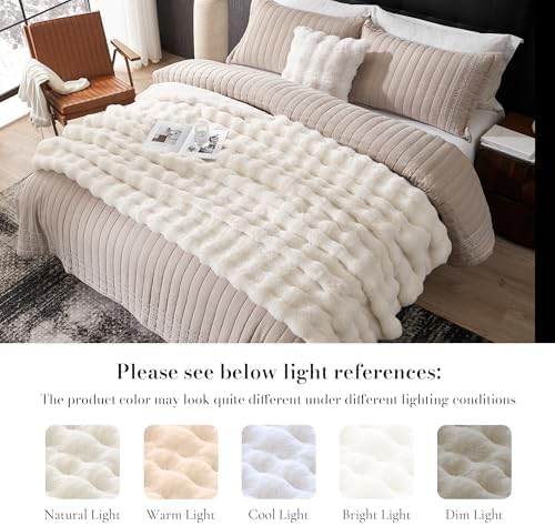 Amélie Home Faux Fur Throw Blanket for Bed, Ultra Soft Fuzzy Plush Bubble Blanket for Bedroom & Bed Decor, 90"x90", Cream White - Image 5