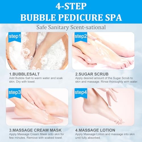 Pedicure Kit Foot Soak Set: Bubble Salt, Sugar Scrub, Massage Mask, Massage Lotion in a Box, 4 Step Foot Spa Kit for Dry Feet, Softens Calluses(1 Set Pacific Waves) - Image 5